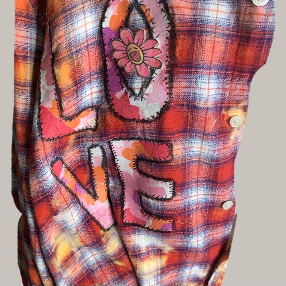 Upcycled Plaid Multicolor Boyfriend Shirt with Detachable Hip Bigfoot with Fur. - Picture 7 of 13